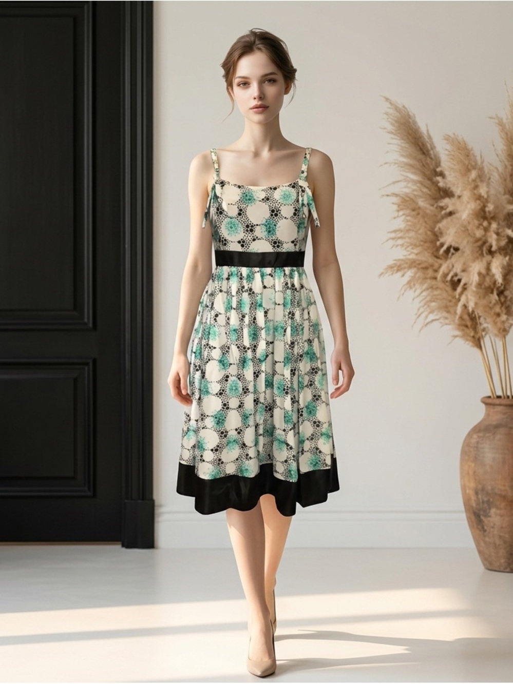 LAPIS Sleeveless Tie Shoulder Dress ~ White, Black & Teal ~ Size L